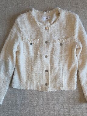 Mango Cream Tweed Frayed-Edge Button Jacket Cropped